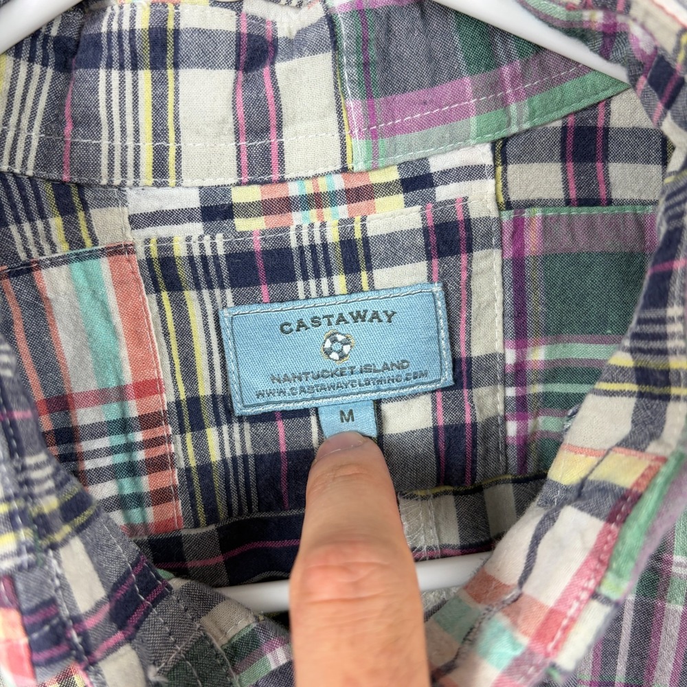 Castaway Nantucket Patchwork Madras Shirt Mens Medium Short Sleeve Plaid Coastal - Picture 3 of 9